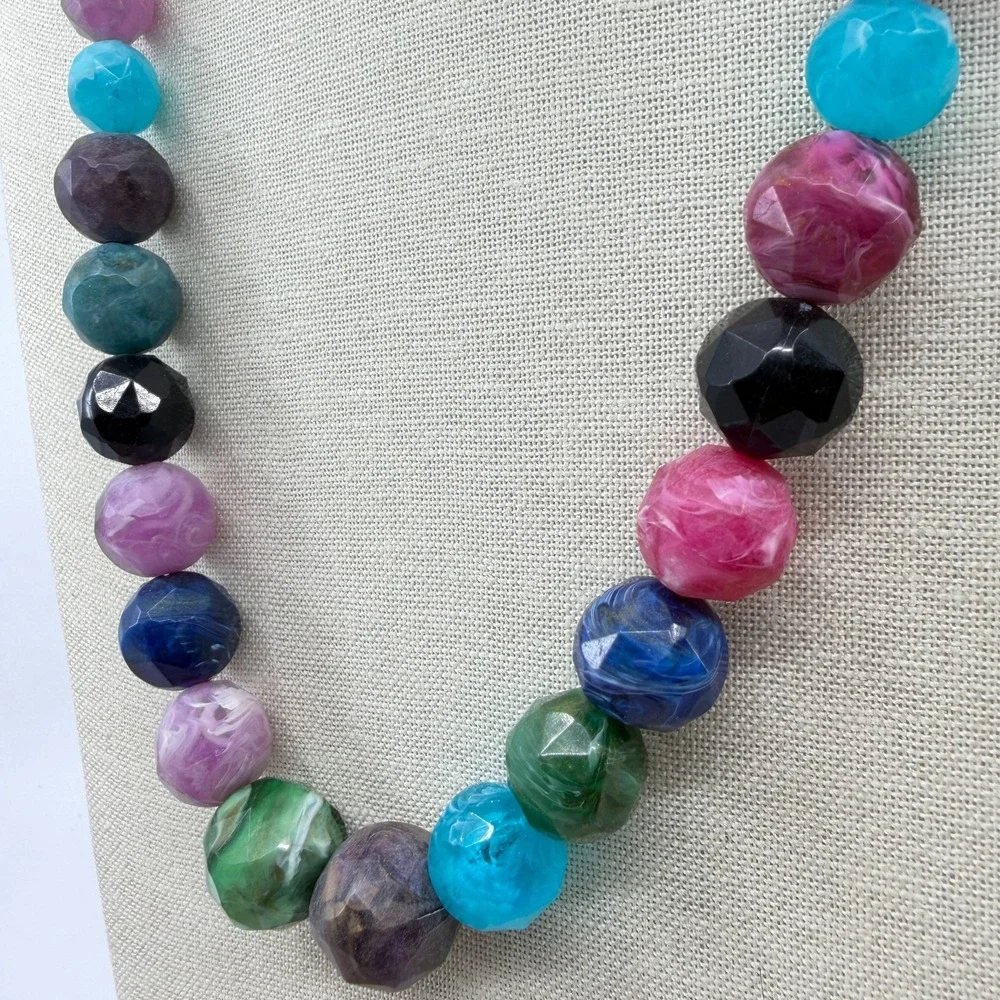 Multicolor Faceted Marbled Bead Long Necklace Chunky Boho Statement Jewelry